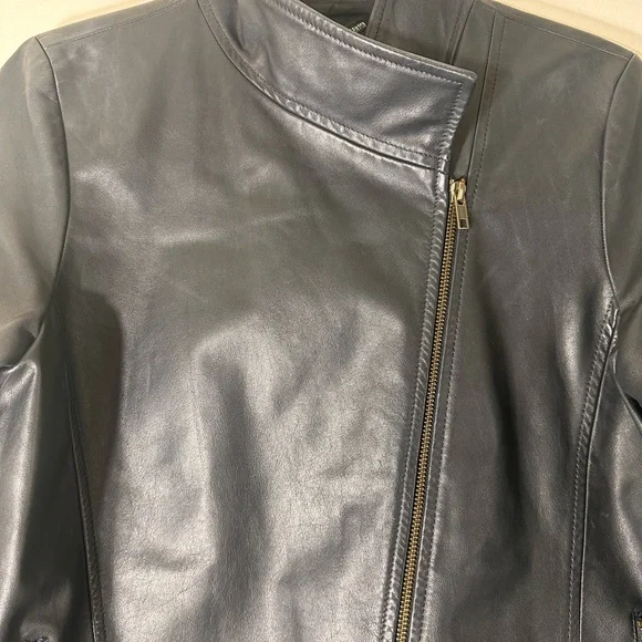 Eileen Fisher Leather black moto biker jacket Asymmetrical zip size small - Picture 8 of 16